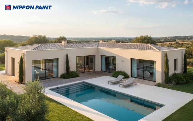 Nhà chữ L phủ sắc be dịu nhẹ, tạo cảm giác ấm áp và gần gũi