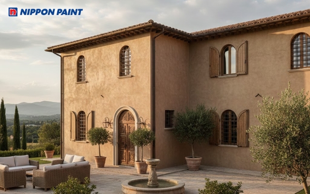 Gam nâu giúp kiến trúc nhà chữ L trở nên hài hòa, bền dáng theo thời gian