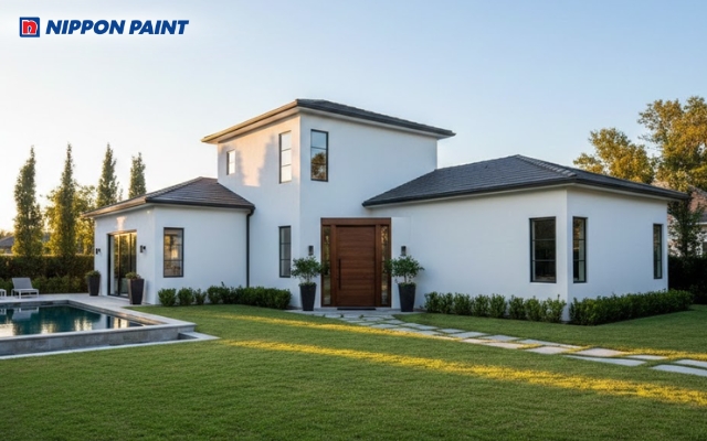 Nhà chữ L màu trắng tinh giản, tôn đường nét kiến trúc và tạo cảm giác thoáng đãng