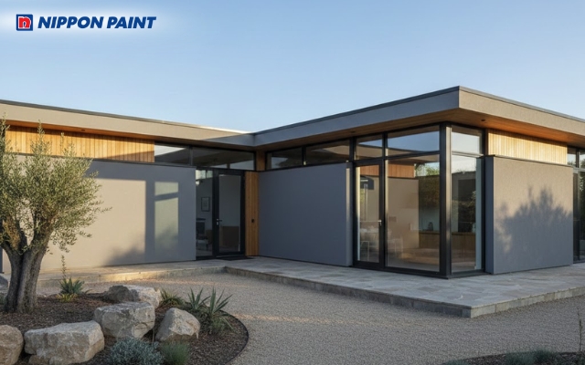 Nhà chữ L sơn xám tạo cảm giác tinh tế, hiện đại và cân đối trong tổng thể kiến trúc