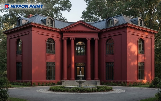 Nhà chữ L sơn đỏ thẫm tạo điểm nhấn mạnh mẽ, mang sắc thái cổ điển và ấm áp