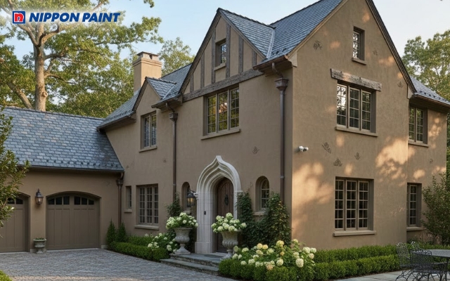 Nhà chữ L sơn nâu mang lại cảm giác ấm áp, trầm ổn và sang trọng