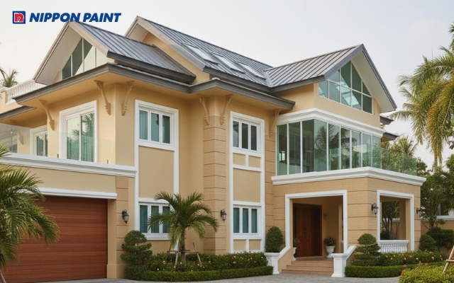 Mẫu 9: Whisper Gold phối Biscuit và White tạo cảm giác ấm áp, dịu dàng, tôn bật mái Thái màu xanh của biệt thự