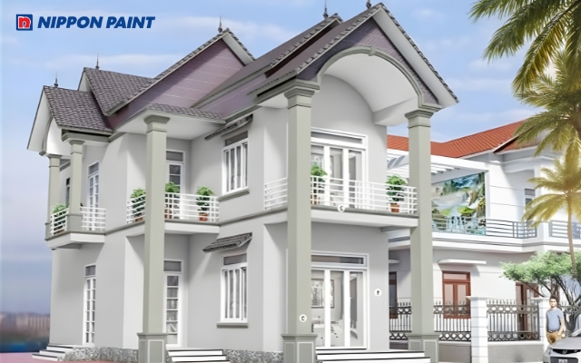 Mẫu 8: Mái Thái tím ghi phối Lilac Swish, Mortar Gray và Dixieland tạo vẻ mộng mơ, thu hút cho biệt thự