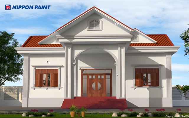 Mẫu 15: Nhà mái Thái nổi bật với sơn ngoại thất trắng kết hợp mái đỏ nâu