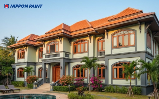 Mẫu 13: Biệt thự nổi bật với mái Thái cam đỏ tạo vẻ tươi tắn và cuốn hút