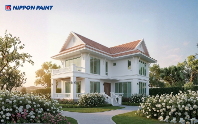 Mẫu 10: Mái Thái đỏ nâu kết hợp màu trắng mang đến vẻ lãng mạn, tươi tắn cho biệt thự