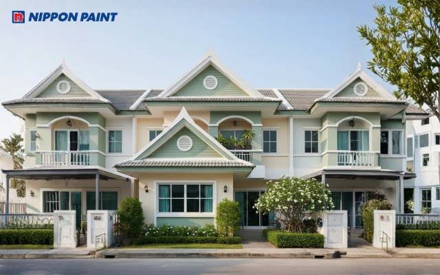 Mẫu 3: Mái Thái xếp lớp phối Creamy Cucumber, Green Aspen và White mang lại vẻ nhẹ nhàng, xanh mát cho nhà phố