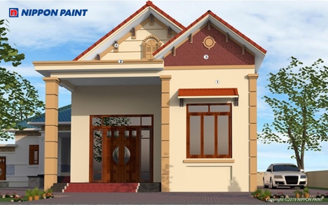 Mẫu 18: Sắc đỏ cam của mái Thái khi phối cùng màu Provincial Tan 37A-3P, Moonrock 37C-3D, White BS 9102 làm cho căn nhà thêm nổi bật