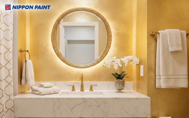 Phòng tắm vàng ánh kim mang lại không gian thư giãn sang trọng và hiện đại