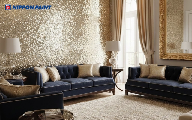 Hiệu ứng ánh kim lấp lánh trên tường tăng sự tinh tế và quyền quý cho phòng khách