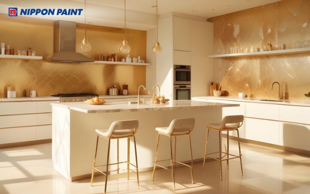 Gian bếp vàng ánh kim nhạt mang đến cảm giác ấm áp, dễ chịu khi nấu nướng