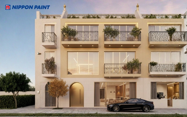 Nhà phố hiện đại với tông vàng kim nhạt kết hợp cửa kính và ban công sắt tinh tế