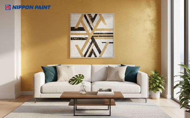 Mảng tường nhấn màu vàng kim làm căn phòng thêm nổi bật và thu hút ánh sáng tự nhiên