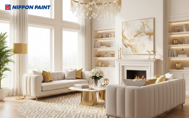 Phòng khách hiện đại với tông vàng kim và trắng kem tạo không gian sáng sủa, rộng rãi