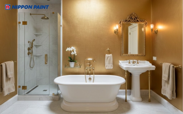 Kết hợp gương LED với tường vàng kim tạo hiệu ứng ánh sáng tinh tế và nổi bật