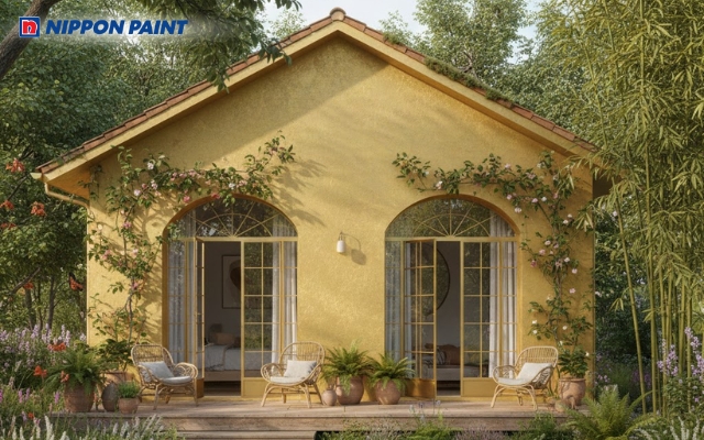 Nhà vườn với tường vàng ánh kim pastel tạo không gian thân thiện, hòa hợp với thiên nhiên