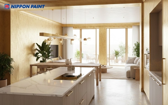 Sơn vàng kim kết hợp bếp mở tạo không gian rộng rãi và thoáng đãng