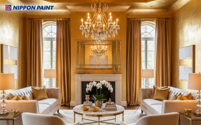 Phòng khách đầy sang trọng nhờ tường vàng ánh kim kết hợp nội thất gỗ cao cấp