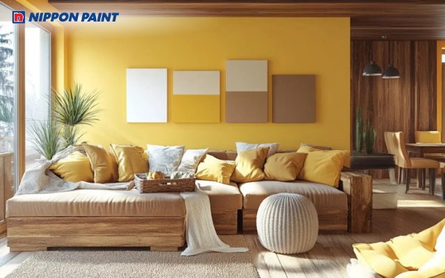 Màu nâu gỗ kết hợp vàng chanh tạo không gian ấm áp, mộc mạc và gần gũi thiên nhiên