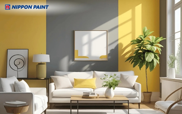 Tone xám trung tính giúp cân bằng sắc vàng chanh tạo nên vẻ đẹp sang trọng và đẳng cấp