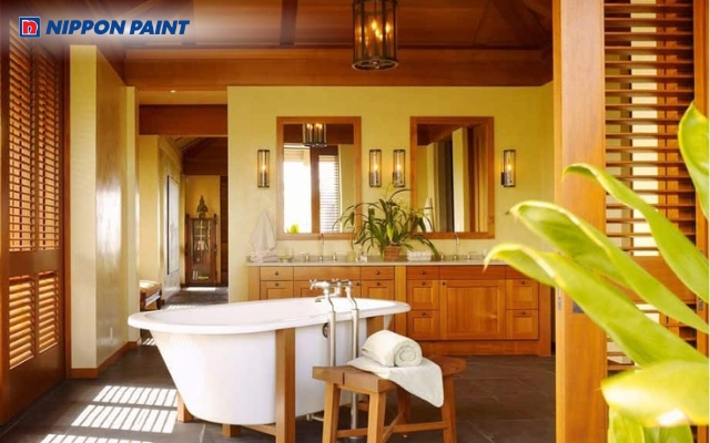 Gam vàng nâu mang lại cảm giác ấm áp và thư giãn cho phòng tắm