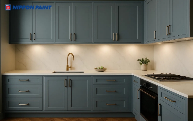 Mẫu phòng bếp xanh xám kết hợp gạch vân đá sang trọng