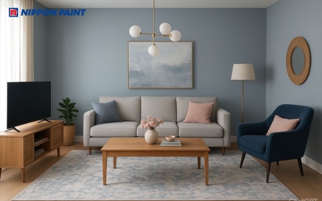 Mẫu phòng khách gam màu xám xanh trang nhã, tinh tế