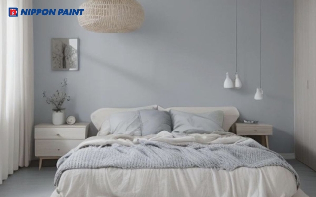 Phòng ngủ màu xám xanh thanh lịch, trang nhã