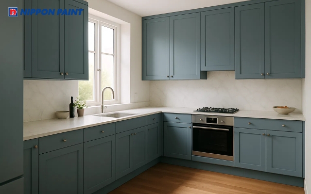 Phòng bếp tông màu xám xanh sang trọng