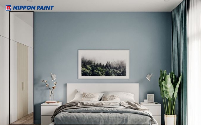 Phòng ngủ màu xám xanh mang đến cảm giác dễ chịu, thoải mái