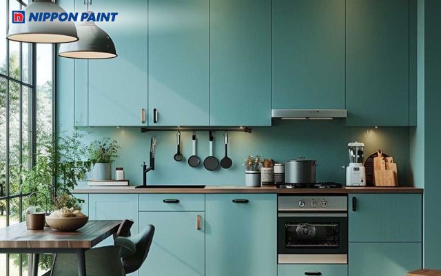Màu xanh ngọc bích giúp phòng bếp trông gọn gàng và hiện đại hơn