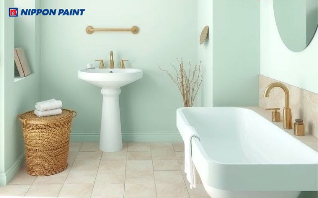 Sơn màu xanh ngọc bích giúp phòng tắm mang cảm giác thư giãn như không gian spa