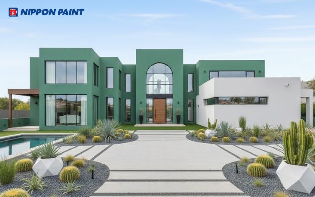 Biệt thự sơn màu xanh ngọc bích giống như một khu nghỉ dưỡng cao cấp