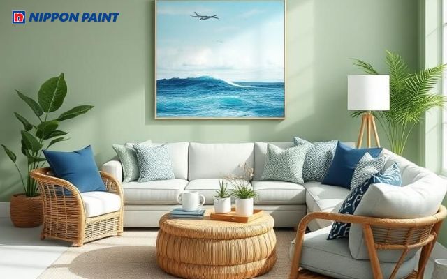 Gam màu xanh ngọc bích tạo cảm giác thoáng đãng và tinh tế cho phòng khách