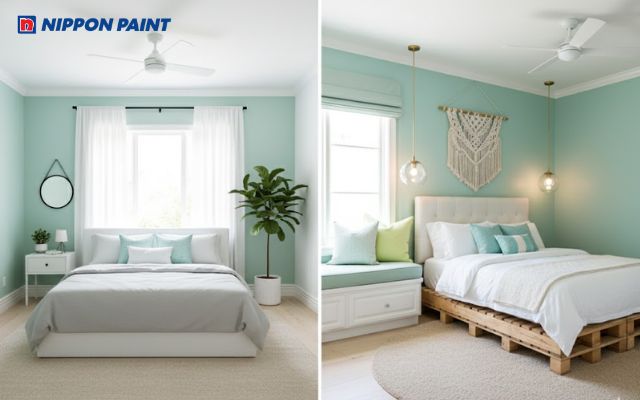 Sơn nhà màu xanh ngọc bích giúp không gian phòng ngủ thư giãn và dễ chịu hơn