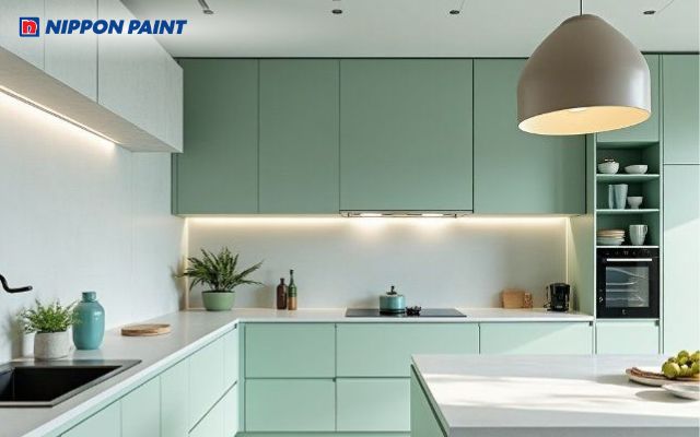 Sơn nhà màu xanh ngọc bích tạo nên một không gian bếp hài hòa và tràn đầy sức sống