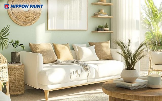 Sơn nhà màu xanh ngọc bích mang lại bầu không khí thư giãn cho không gian phòng khách