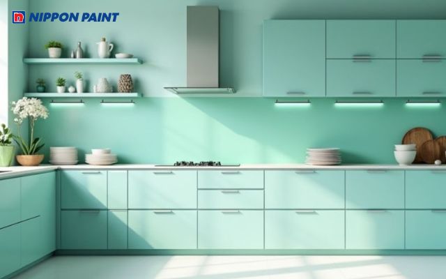Sơn nhà màu xanh ngọc bích mang lại cảm giác thoáng đãng, sạch sẽ cho phòng bếp