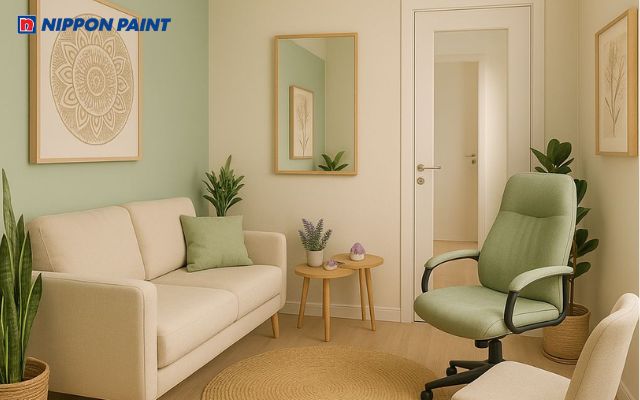 Màu xanh ngọc bích làm nổi bật các chi tiết nội thất và tăng chiều sâu cho không gian