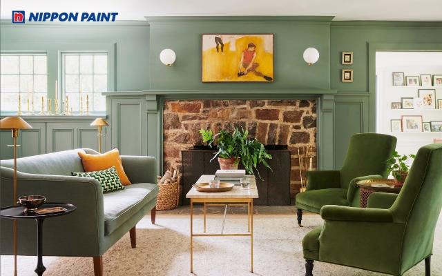 Tông xanh rêu phối cùng sofa cùng màu mang lại cảm giác hiện đại và thoáng đãng