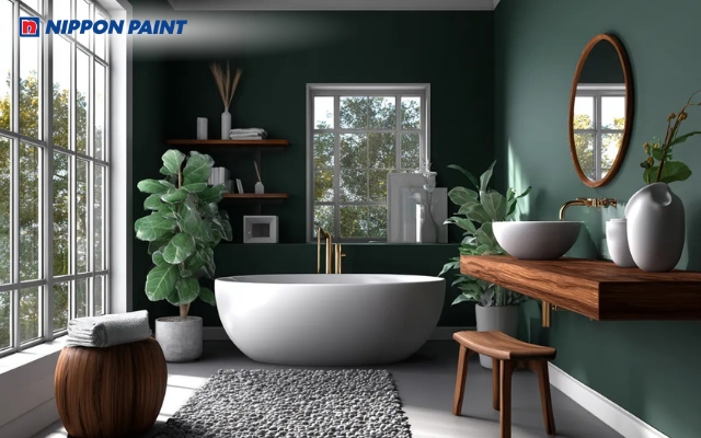 Điểm nhấn xanh rêu trên tường phòng tắm mang lại vẻ đẹp hiện đại và độc đáo