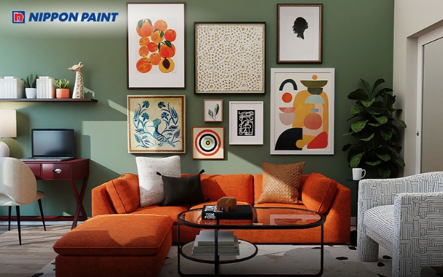 Phòng khách sơn xanh rêu kết hợp sofa màu nâu mang lại vẻ đẹp sang trọng và ấm cúng