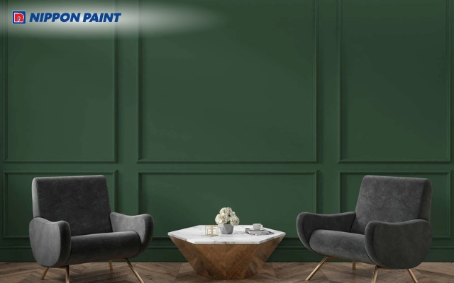 Sơn toàn bộ tường xanh rêu mang vẻ sang trọng, cổ điển và thanh thoát