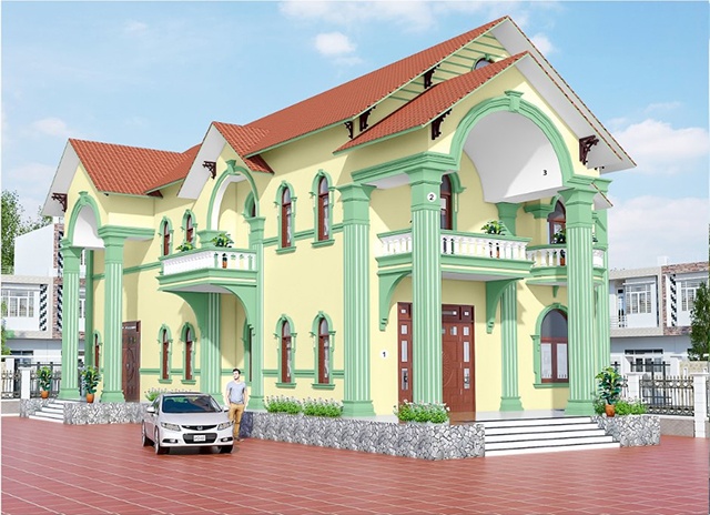 Mẫu 18: Biệt thự sơn Periwinkle (CV 09) và trụ Misty Jade (54C-1P), mái đỏ cam, trần White (BS 9102)