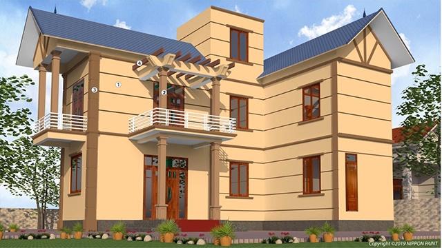 Mẫu 7: Sơn Yellow Buff (27B-3P) và trụ Cassel Brown (36C-3D) nhã nhặn, bền màu, sang trọng