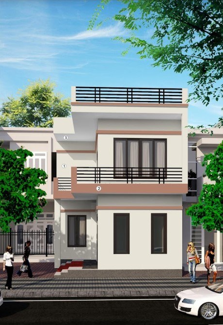 Mẫu 3: Mặt tiền nhà phố 2 tầng nổi bật với màu sơn ngoại thất đơn giản, sáng sủa