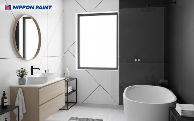 Phòng tắm sơn tường màu trắng nhấn đen phù hợp phong cách Scandinavian hiện đại