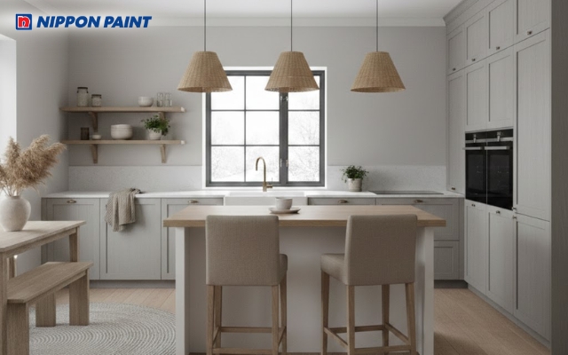 Phòng bếp sơn tường màu xám sáng tạo cảm giác gọn gàng, sạch sẽ