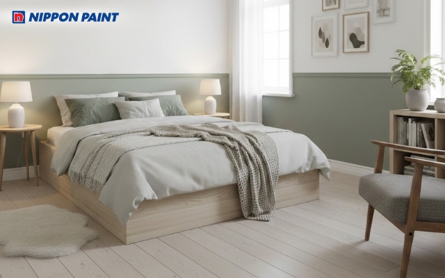 Mảng nhấn xanh giúp phòng ngủ bớt đơn điệu nhưng vẫn dịu mắt